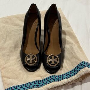 Tory Burch Black Peep-Toe Heels with Gold Logo